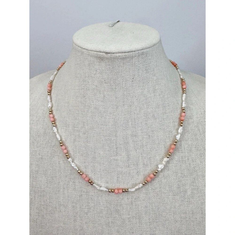 Vtg 14K Yellow Gold Angel Skin Coral Freshwater Pearl Necklace 19” Quiet Luxury